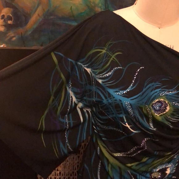 Bisou Bisou Sz8 one shoulder black diamond peacock dress. Blk cocktail mini - Picture 2 of 7